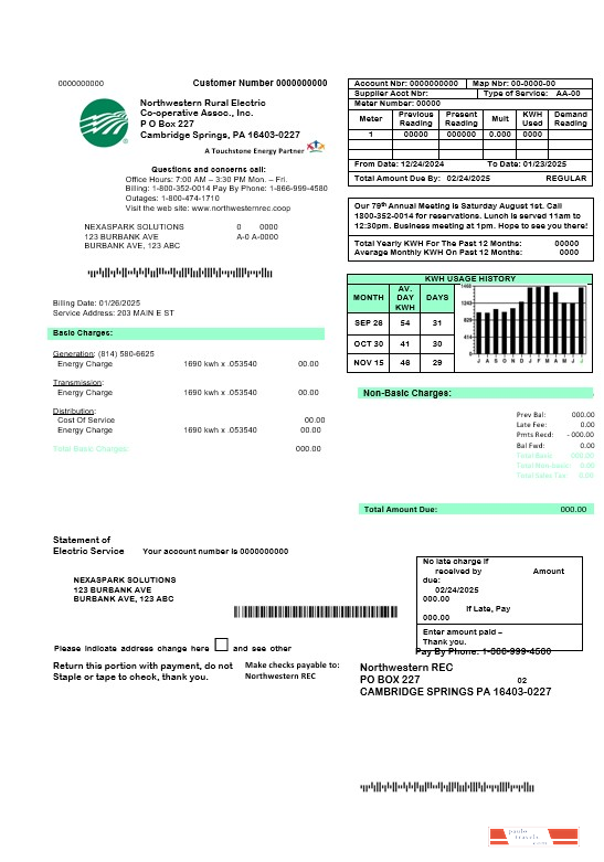USA Northwestern Rural Electric business utility bill template, fully editable in Word and PDF formats